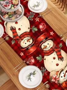 1 pieza Mantel de poliéster de Navidad con diseño de muñeco de nieve a cuadros rojos de 35*180cm/13.78*70.87 pulgadas, mantel para mesa de comedor, mesa de café, decoración textil festiva para reunión en el hogar, creando un ambiente navideño acogedor