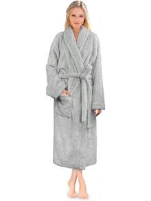 Premium Womens Plush Soft Robe Fluffy, Warm, Fleece Sherpa Shaggy Bathrobe (S/, Black) - Wine - View 7