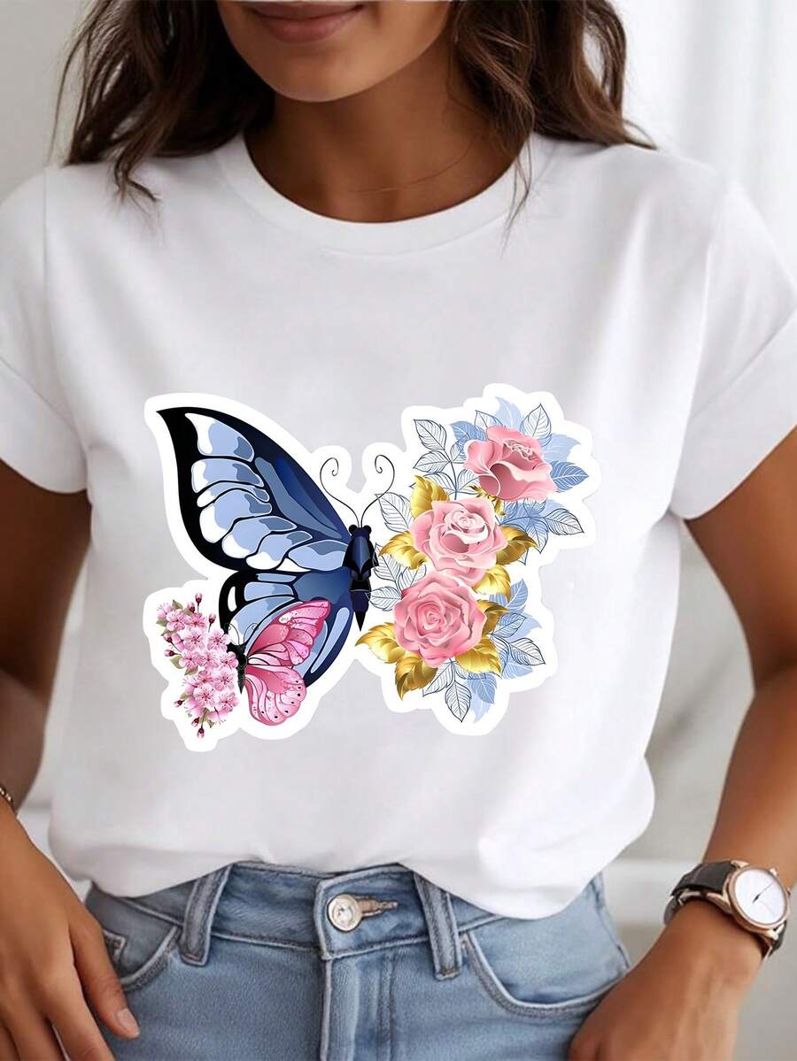 Ladies' T-Shirt, Summer Women's Fun Butterfly Print T-Shirt, Available In Black/White, Casual Round Neck T-Shirt, Suitable For Summer Vacation Tops.