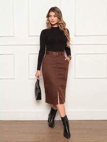 Women's Denim Midi Skirt High Waist Front Slit With Belt Fashion Casual Elegant - Rỉ Nâu - Xem 3