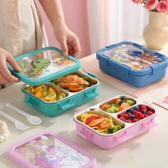 1pc, Stainless Steel Bento Boxes With Spoon And Fork - Leak-Resistant, 3-Compartment Lunch Container For Salads, Fruits, And Snacks - Ideal For Camping And Outdoor Activities, Office Lunchbox | Stylish Lunchbox | Lunch Boxes, Back To School