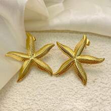 3pcs/Set Summertime Beach-Style Starfish Pendant Stainless Steel Plated Gold Earrings, Fashion Jewelry Gift For Women