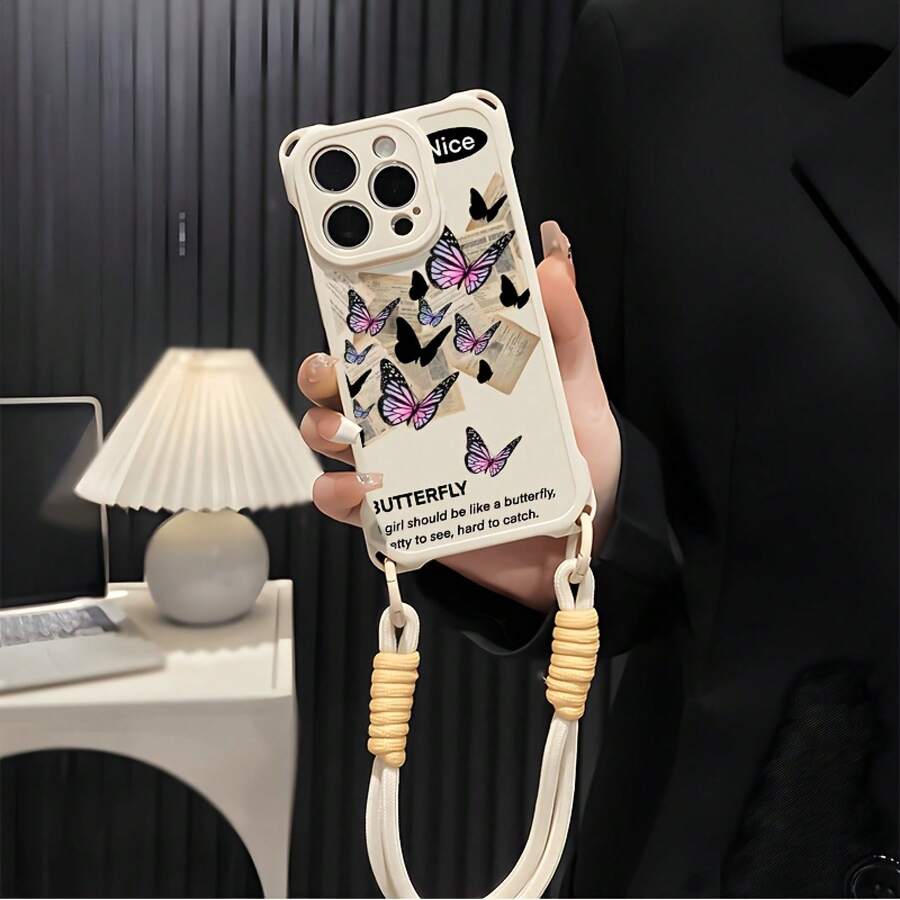 Funda para teléfono móvil 1PC 14promax, con correa, compatible con 13PRO, modelo femenino, 6, 15, 14, 13, 12, silicona suave, lente, cobertura total, cuatro esquinas, anticaídas, red, diseño de celebridad, funda protectora adorable - Blanco - Ver 1