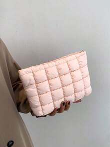 Fashionable Grid Pattern Makeup Bag, Casual Clutch, Warm Padded Down Bag With Elastic Sewing Thread Makeup Storage Quilted Bag Cozy Bag For Winter Makeup Organizer Makeup Storage Bag Mini Pouch Travel Small Makeup Case Accessories Make Up Holder Brush Bag Make Up Container Cosmetic Bag Travel Essentials Ladies Accessories Travelling Stuff Makeup Bags Makeup Pouch Make Up Pouch Back To School Supplies - 粉色 - 查看 7