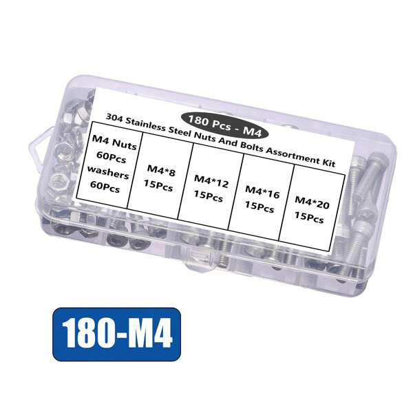 180pcs M2 M3 M4 Sizes, 304 Stainless Steel Hex Socket Nut & Bolt Set - Durable, Includes Flat Washer, For Secure Fastening / DIY Projects / Professional Use, Ideal For Various Applications