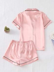 Blusa de solapa de satén para mujeres y traje de pijama para pantalones cortos con lazo,Pijamas y ropa de casa, conjuntos de dos piezas - Rosa - Ver 2