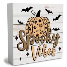 1 PIEZA Adorno decorativo cuadrado de PVC con diseño de calabaza espeluznante y feliz Halloween, decoración aterradora para fiesta, sala de estar, estantería, decoración de Halloween, decoración de calabaza, decoración de murciélago, decoración de bandeja para chimenea