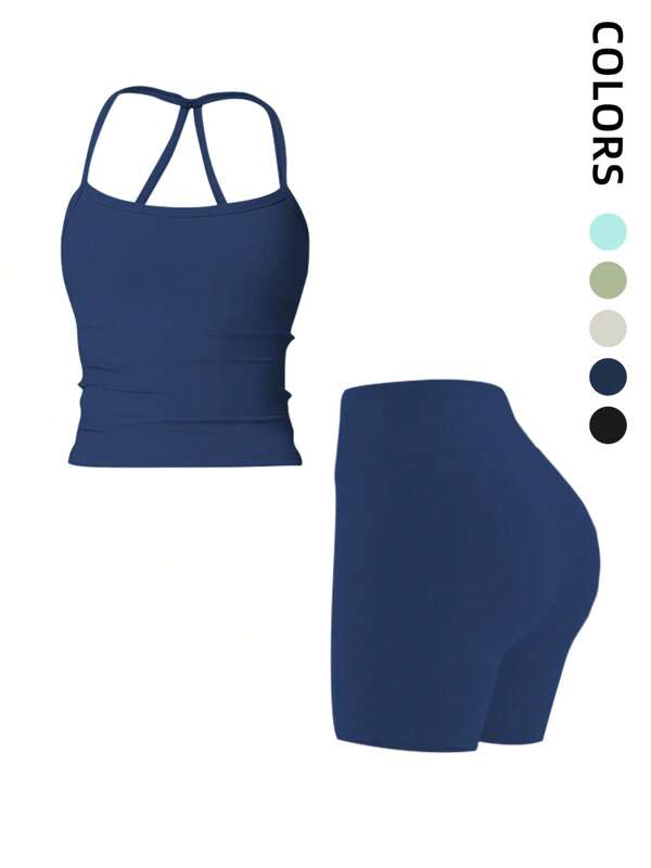 1 Pack Summer Women's Open Back Tracksuit Set Camisole Top High Waist Yoga Shorts Quick Dry Set Is Suitable For Holidays, Travel Work, Sports Wear