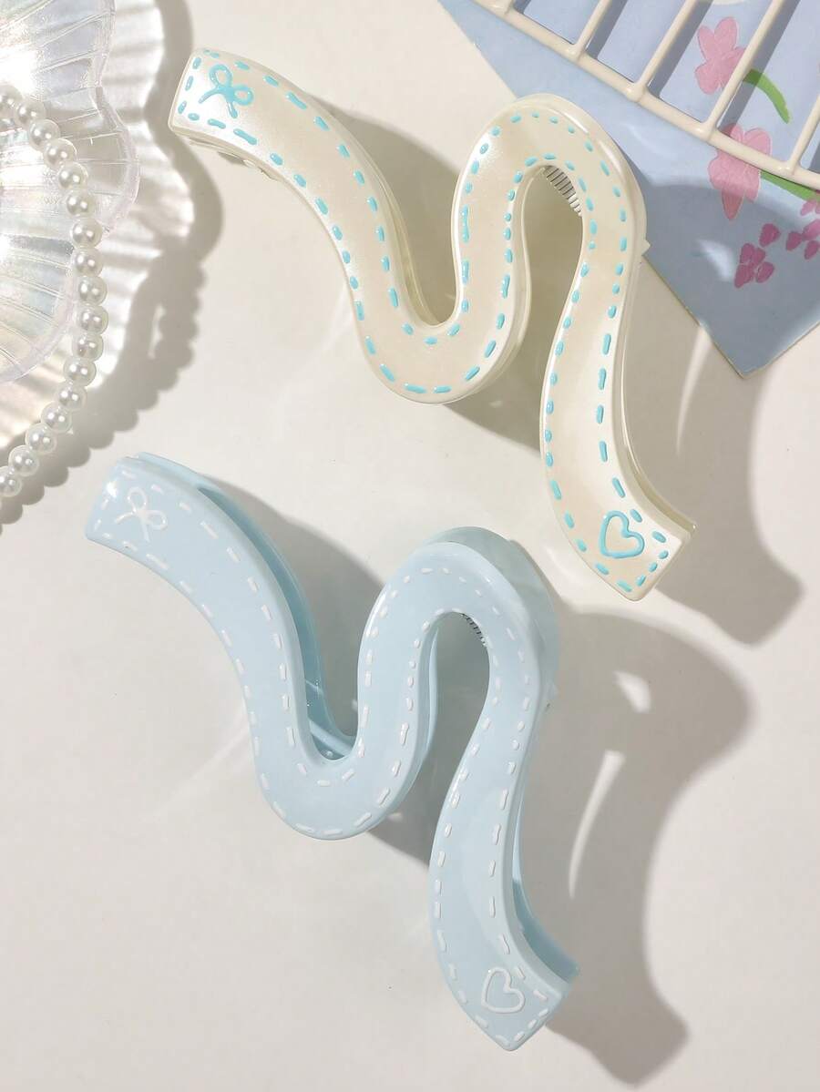 2 件套甜美 Y2K 风格超大波尔卡圆点、心形和蝴蝶结图案发夹，米色和浅蓝色，适合春夏季发饰，女士发夹，蝴蝶结配饰，学校用品，大学