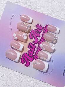 10件/套 Y2K 方口风格手工亚克力美甲贴，法式设计，豹纹，水钻，心形和蝴蝶结装饰，棕色和裸色可选。3种尺寸可选，适合派对、舞会和日常佩戴。附赠美甲工具套装，是送给女士和女孩的绝佳礼物。美甲用品