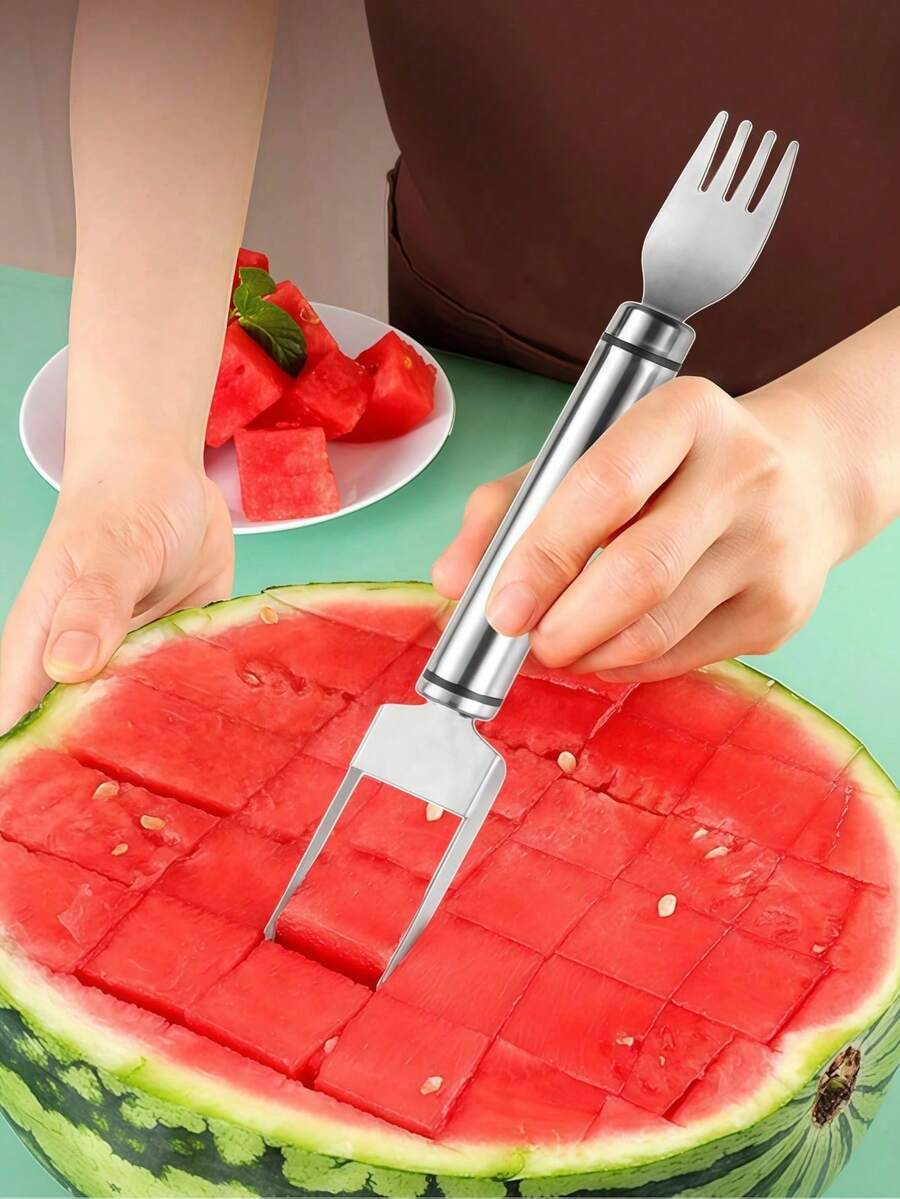 1/3PCS [Popular Choice] 2-In-1 Stainless Steel Watermelon Slicer & Fork - Easy Cutting And Serving Tool For Fresh Watermelon, Creative, Cutting Into Cubes