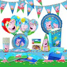 Hasbro Ensemble de 156 pièces de vaisselle et ballons Peppa Pig sous licence officielle. Comprend des assiettes, des tasses, des serviettes, des ballons, des sacs-cadeaux, des chapeaux de fête, des bannières, une nappe, des confettis et des autocollants. Décorations d'anniversaire thème rose