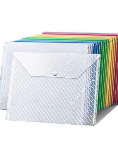 20pcs Striped Plastic Envelopes/Document Folders, A4 Size Receipt Paper Organizer Bags, Colorful Envelopes With Snap Closure, Suitable For School, Office, Kids Stationery, Back To School Rewards, Graduation Gifts, Etc.