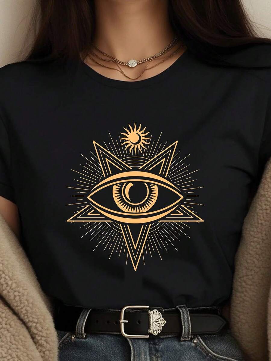 Ladies' T-Shirt, Summer Women's Fun Printed T-Shirt, Available In Black/White, Casual Round Neck T-Shirt, Suitable For Summer Vacation Tops.