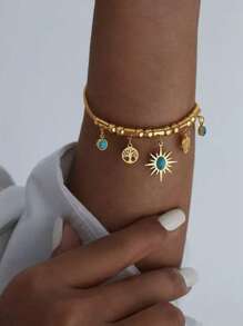 2pcs Set Life Tree & Sun Turquoise Pendant Necklace & Bracelet Jewelry Set, Fashion & Versatile