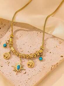 2pcs Set Life Tree & Sun Turquoise Pendant Necklace & Bracelet Jewelry Set, Fashion & Versatile