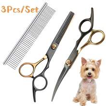 专业狗狗美容剪刀套装（金黑色）7 合 1，用于美容的狗狗剪刀 6CR 优质不锈钢美容剪刀套装，适用于狗猫宠物，专业宠物毛发修剪工具，带梳子和维护配件