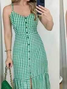 Long Crepe Dress With Padded Cups And Buttons H-1 - Turquoise - View 2