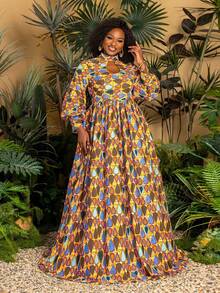 Faeriesty Plus Size Lantern Sleeve Dress | African Style Plus Size Stand Collar A-Line Dress | Women's Vacation, Beach, Park Picnic, Casual City Dress Spring Elegant - Yellow - View 1