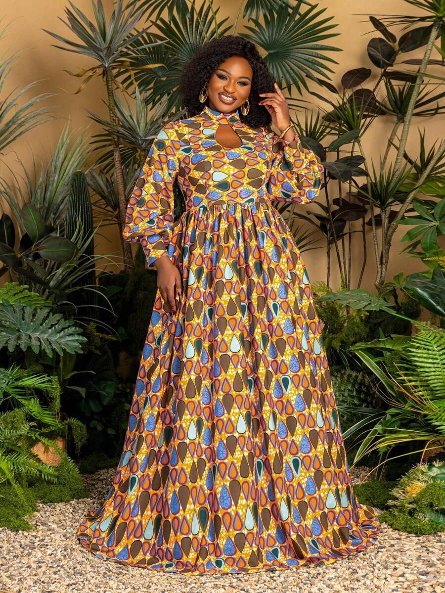 Faeriesty Plus Size Lantern Sleeve Dress | African Style Plus Size Stand Collar A-Line Dress | Women's Vacation, Beach, Park Picnic, Casual City Dress Spring Elegant - Yellow - View 1