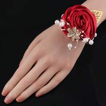 5pcs Navy Blue Bridesmaid Wrist Corsage Set, Weddings Gold Leaf & Pearl Elastic Wrist Flower Accessories Valentine's Day Accessories - Wrist Flower - View 7