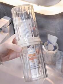 1件透明便携式浴室漱口杯，多功能牙刷、牙膏、梳子、口红、剃须刀收纳盒，高端防尘浴室储物罐，户外旅行洗漱用品收纳盒，校园宿舍刷牙工具收纳盒 - 彩色 - 查看 4