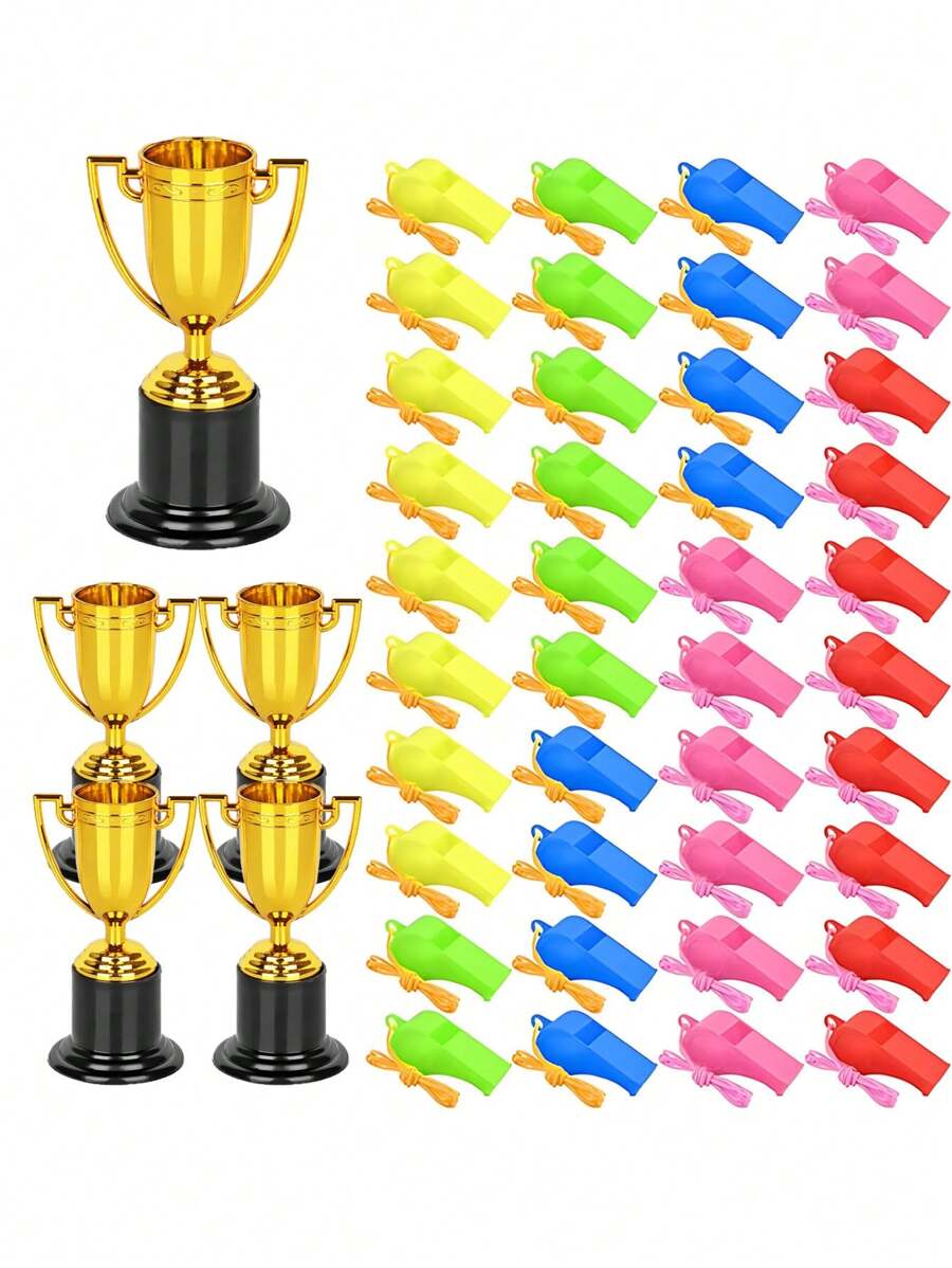 10 pezzi Piccoli trofei in plastica con fischietto, set per omaggi da festa, oggetti di scena, premi, concorsi per bambini e adulti, decorazioni per feste, per migliorare l'atmosfera, trofei dorati - festa di nascità