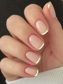 使用 24 件中方形日常优雅金色细闪粉包裹法式假指甲，全覆盖假指甲套装，美甲套装包括 1 片粘合标签和 1 个迷你锉刀，适合女士和女孩办公室日常佩戴假指甲，果冻胶随机发货，按压指甲，美甲用品