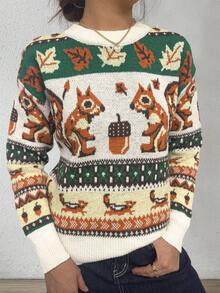 Winter Fashion Casual Ladies Round Neck Squirrel Knit Couple Pullover - Multicolor - View 4