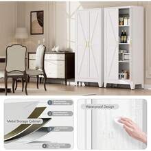 Armario de almacenamiento metálico de estilo rústico con 4 niveles, 2 puertas correderas y 3 estantes ajustables, 155 cm, ideal para la cocina, el hogar, la oficina, el garaje o la sala de estar, color blanco. - Blanco - Ver 7