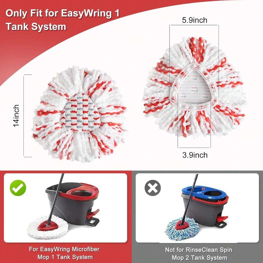 2 Pack Mop Heads Replacements Compatible With O Cedar EasyWring Spin Mop 1-Tank System, Middle Part Add 40% Cleaning Power, Mop Replace Refills Heads Deep Cleaning, Microfiber, Machine Washable,6834552