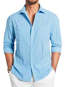 Runcati Mens Guayabera Linen Shirts Long Sleeve Button Down Casual Summer Beach Shirt Tops - Màu xanh da trời - Xem 4