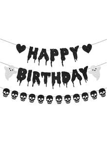 1pc Black Glitter Halloween Birthday Banner Black Heart Skull Garland Halloween Happy Birthday Decorations For Halloween Birthday Party Decorations Theme BabyShower Supplies - Multicolor - View 2