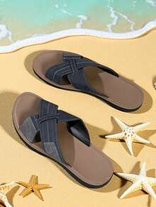 2025新款男士撞色手工凉鞋交叉绑带透气防滑轻便沙滩户外拖鞋透气休闲街头时尚人字拖 - 藍色 - 查看 2