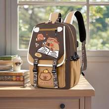 Mochila escolar, mochila escolar con dibujo de carpincho, mochila multifuncional, mochila escolar grande con carpincho, bolsa de viaje de gran capacidad, mochila impermeable, mochila para exteriores, bolsa de almacenamiento, bolsa de viaje, mochila ligera informal, mochila impermeable informal para portátil, bolsa de viaje informal para portátil con bandolera en forma de S, diseño de animal lindo, suministros de almacenamiento, suministros de viaje, adecuada para la escuela, el trabajo, viajes (marrón, rosa) - Marrón - Ver 6