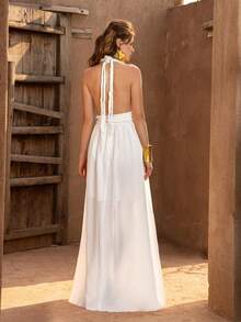 Faeriesty BohoBloom Elegant Deep V-Neck Backless Tie Strap Summer Dress - Refined Beach Vacation, Casual Summer And Bohemian Outings - White - View 2