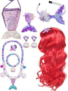 Ensemble de bijoux sirène pour filles, sac à main pailleté, sac à bandoulière, perruque rouge, pince à cheveux, serre-tête, boucles d'oreilles, bracelet de perles, collier de perles; pour se déguiser pour des fêtes ou la vie quotidienne, excellent cadeau d'anniversaire, de vacances ou pour l'école