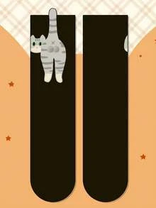 1/2 双装女士随机混色抽象 3D 猫咪图案中筒袜，可爱又别致的猫咪主题中筒袜，女士圣诞礼物