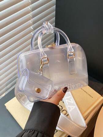 2件套果冻透明沙滩可调节单肩包，适合旅行，上学，上班，白领，斜挎包女士包包，时尚休闲单肩斜挎包，小手提包，2025时尚个性拼色流行女包，百搭手提小方包，简约小包，购物袋，通勤包，适合日常使用