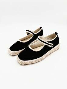 Women's Flat Espadrilles, Round Toe And Buckle Closure, Suitable For Vacation And Daily Wear - màu đen - Xem 5