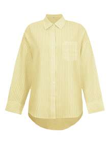 Look Polly Women's Christmas Halloween Striped Long Sleeve Shirt,Single Breasted Casual Fashion, Fall Women Clothes, Pocket Design, Back To School Clothes, Old Money Style Women Striped Shirt Outfit Winter Clothesshirt Butter Yellow Shirt