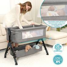 Nôi em bé, Nôi em bé cạnh giường, Nôi em bé cạnh giường dễ gấp, Nôi em bé có giỏ đựng đồ và màn chống muỗi, Giường em bé cạnh giường dễ gấp, có thể điều chỉnh độ cao, di động cho trẻ sơ sinh/trẻ nhỏ/trẻ sơ sinh, Quà tặng - Xám - Xem 4