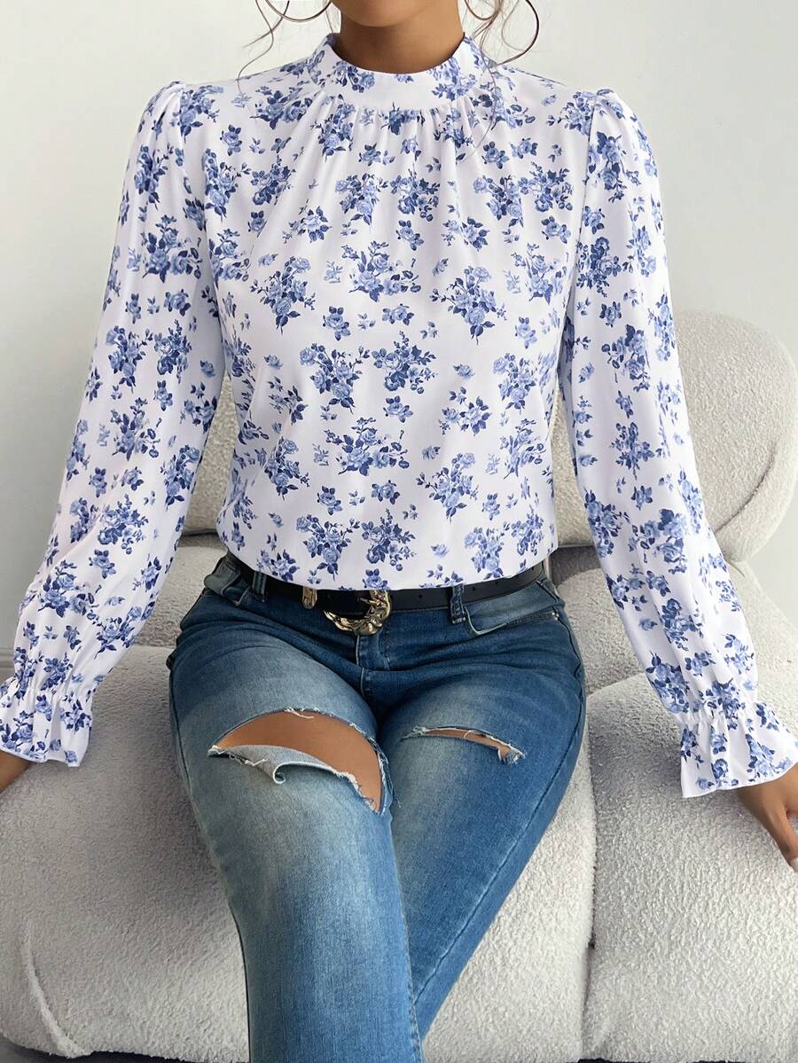 Áo cánh dài tay thanh lịch họa tiết hoa xanh kiểu Pháp dành cho nữ, mùa thu - Màu xanh lam - Xem 1