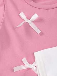 3pcs/Set Girls Casual Bow Decor Short Sleeve T-Shirts With Ruffle Lace Hem, Round Neck Tops For Baby Girl Summer Outfit - Multicolor - View 7