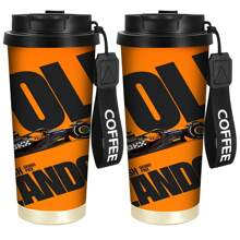 1pc 530ml Stainless Steel Insulated Coffee Mug With Leak-Proof Lid And Shoulder Strap F1 Racing Design, Bright Orange And Black, Reusable Coffee Tea Smoothie Cup Perfect Gift For Motorcycle Sports Fans, Christmas Gift First, Portable Outdoor Sports Water Bottle.