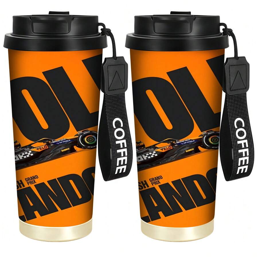 1pc 530ml Stainless Steel Insulated Coffee Mug With Leak-Proof Lid And Shoulder Strap F1 Racing Design, Bright Orange And Black, Reusable Coffee Tea Smoothie Cup Perfect Gift For Motorcycle Sports Fans, Christmas Gift First, Portable Outdoor Sports Water Bottle.