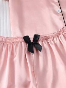 Blusa de solapa de satén para mujeres y traje de pijama para pantalones cortos con lazo,Pijamas y ropa de casa, conjuntos de dos piezas - Rosa - Ver 8