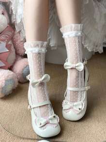 1 par de calcetines a rayas verticales con encaje y perlas decorativas, estilo japonés, para mujer