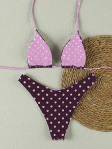 新款春夏性感休闲优雅女士紫色波点吊带比基尼沙滩度假约会泳衣套装 - 彩色 - 查看 4