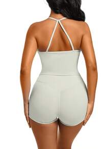 1 Pack Summer Women's Open Back Tracksuit Set Camisole Top High Waist Yoga Shorts Quick Dry Set Is Suitable For Holidays, Travel Work, Sports Wear - Xám - Xem 3